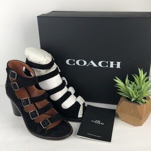 NEW Coach Buckle Rivet Strappy Suede Peep Toe Ankle Strap Heels Sandals 6.5